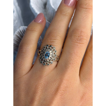 925 Sterling Silver Topaz & Marcasite Ring Size 7