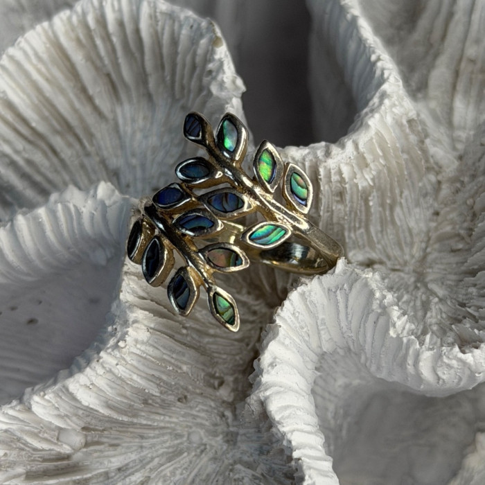 925 Sterling Silver Leaf Abalone Ring Size 8.5