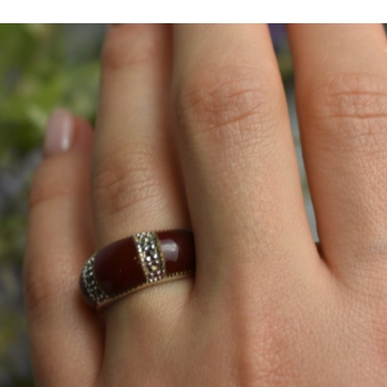 925 Sterling Silver Burgundy Coral & Marcasites Ring Size 7