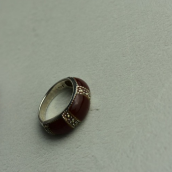 925 Sterling Silver Burgundy Coral & Marcasites Ring Size 7