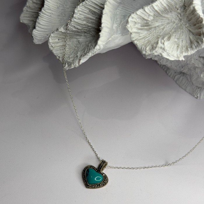 925 Sterling Silver Turquoise & Marcasite Heart Necklace