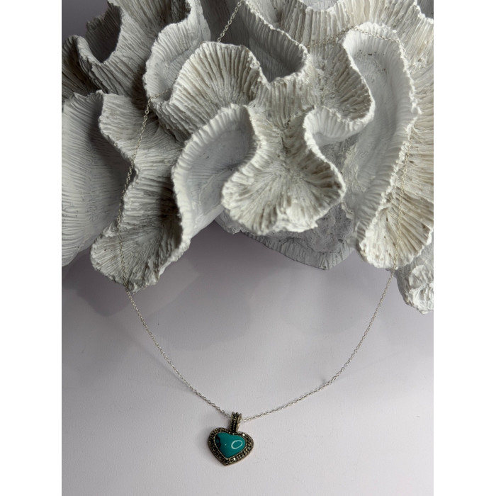 925 Sterling Silver Turquoise & Marcasite Heart Necklace