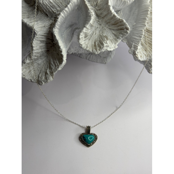 925 Sterling Silver Turquoise & Marcasite Heart Necklace