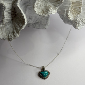 925 Sterling Silver Turquoise & Marcasite Heart Necklace