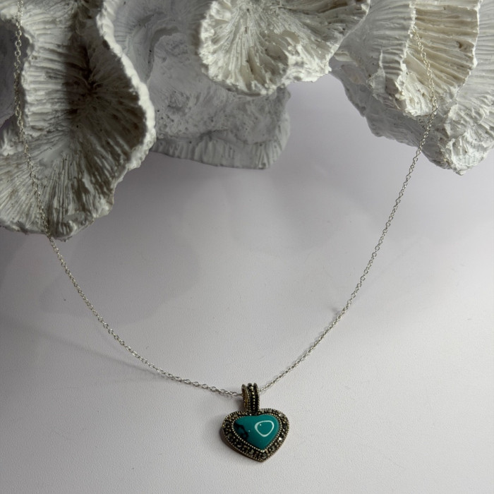 925 Sterling Silver Turquoise & Marcasite Heart Necklace