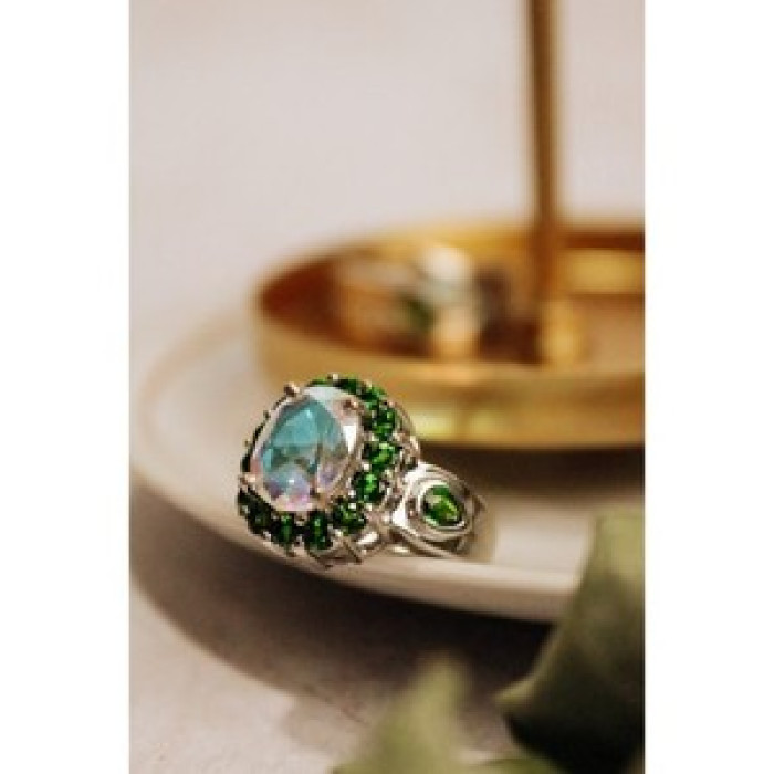 925 Sterling Silver Quartz & Peridot Ring Size 5.5