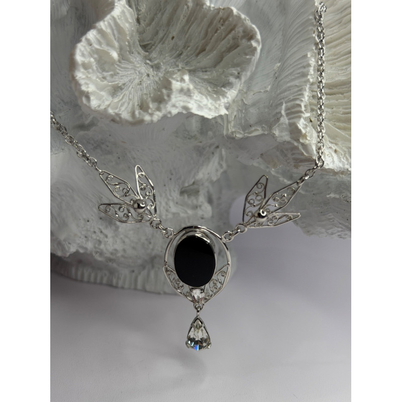 Elegant 925 Sterling Silver Onyx & White Sapphire Necklace