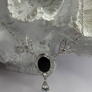 Elegant 925 Sterling Silver Onyx & White Sapphire Necklace