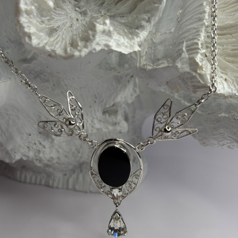 Elegant 925 Sterling Silver Onyx & White Sapphire Necklace