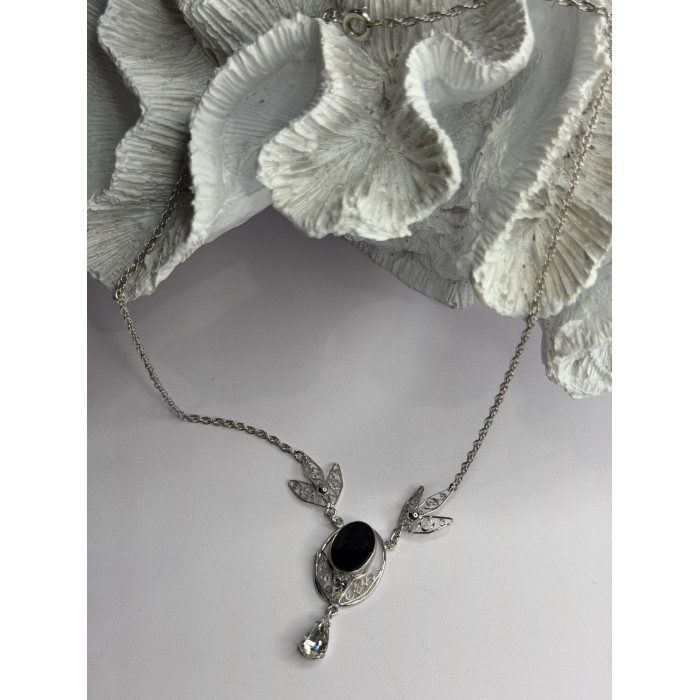 Elegant 925 Sterling Silver Onyx & White Sapphire Necklace