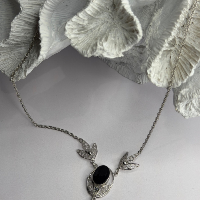 Elegant 925 Sterling Silver Onyx & White Sapphire Necklace