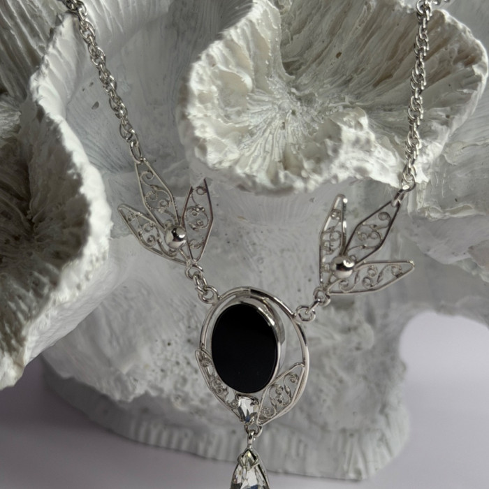 Elegant 925 Sterling Silver Onyx & White Sapphire Necklace