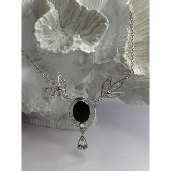 Elegant 925 Sterling Silver Onyx & White Sapphire Necklace