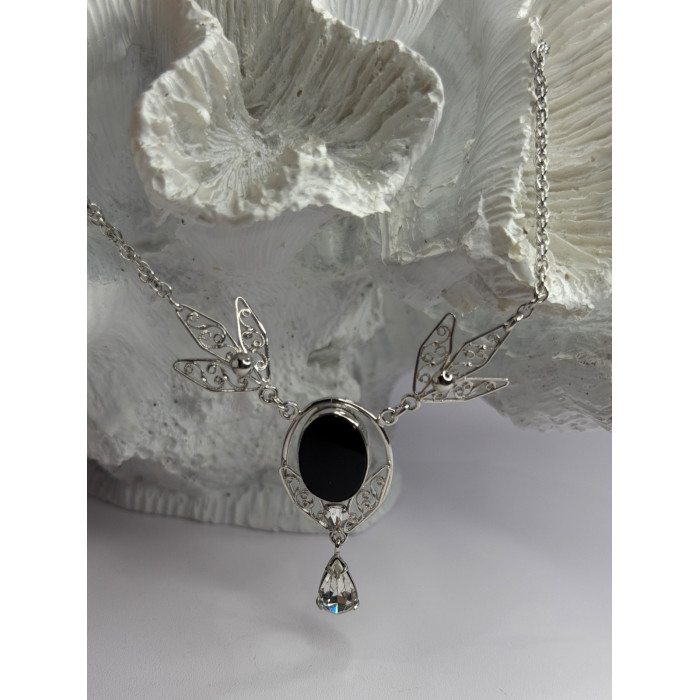 Elegant 925 Sterling Silver Onyx & White Sapphire Necklace