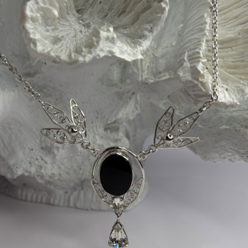 Elegant 925 Sterling Silver Onyx & White Sapphire Necklace