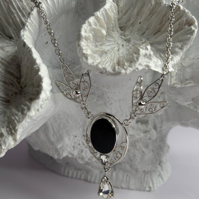 Elegant 925 Sterling Silver Onyx & White Sapphire Necklace