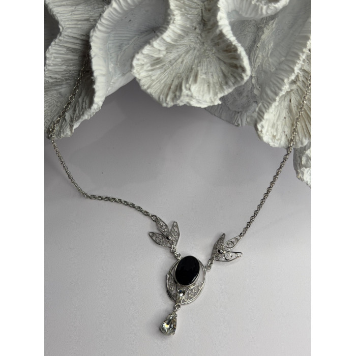 Elegant 925 Sterling Silver Onyx & White Sapphire Necklace