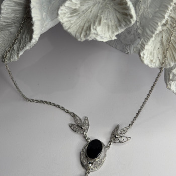 Elegant 925 Sterling Silver Onyx & White Sapphire Necklace