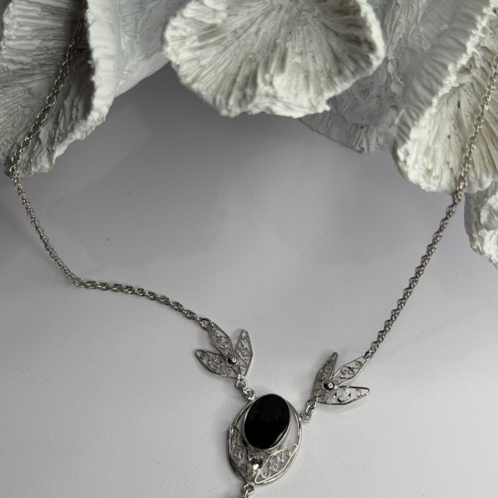 Elegant 925 Sterling Silver Onyx & White Sapphire Necklace