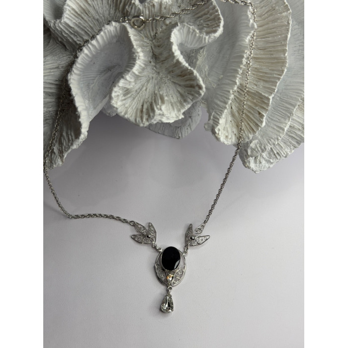 Elegant 925 Sterling Silver Onyx & White Sapphire Necklace