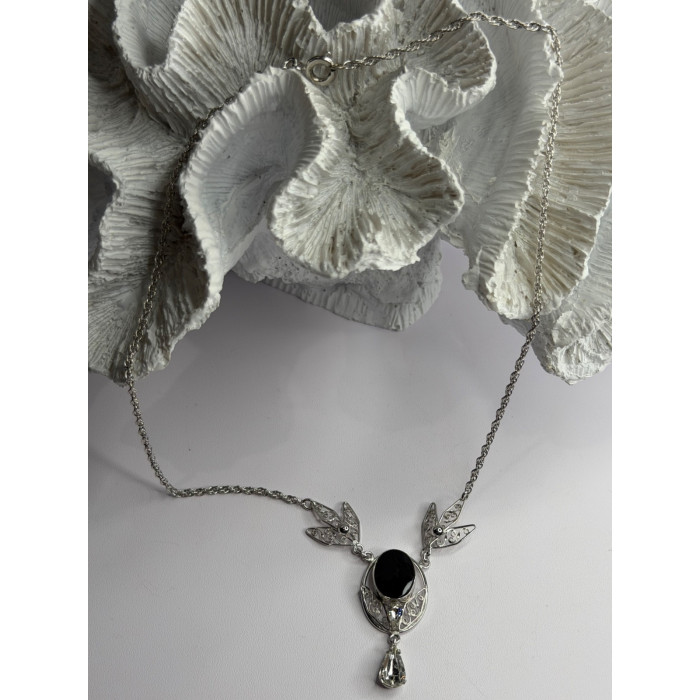 Elegant 925 Sterling Silver Onyx & White Sapphire Necklace