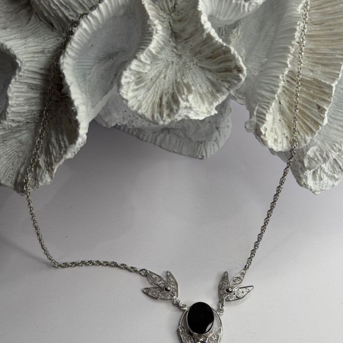 Elegant 925 Sterling Silver Onyx & White Sapphire Necklace