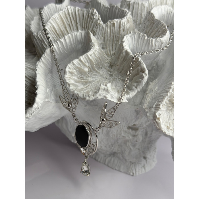 Elegant 925 Sterling Silver Onyx & White Sapphire Necklace