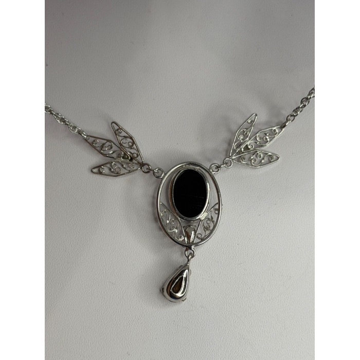 Elegant 925 Sterling Silver Onyx & White Sapphire Necklace