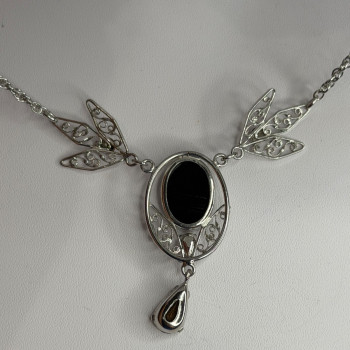 Elegant 925 Sterling Silver Onyx & White Sapphire Necklace