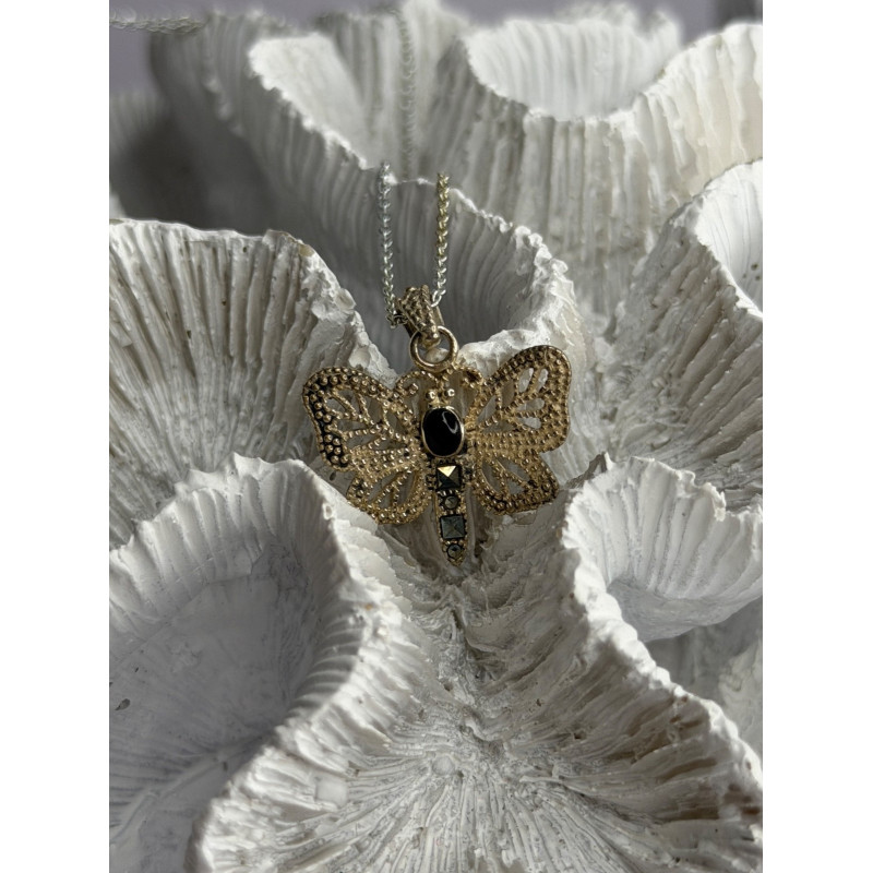 925 Sterling Silver Onyx & Marcasite Butterfly Necklace