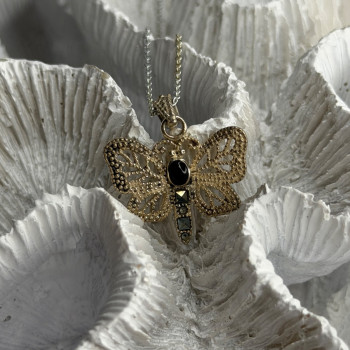 925 Sterling Silver Onyx & Marcasite Butterfly Necklace