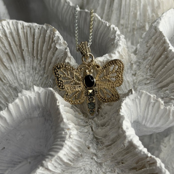 925 Sterling Silver Onyx & Marcasite Butterfly Necklace