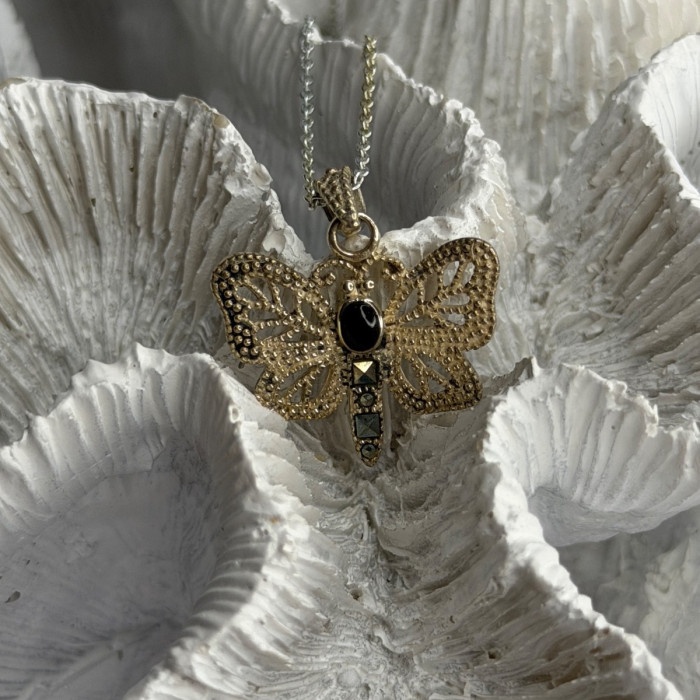 925 Sterling Silver Onyx & Marcasite Butterfly Necklace