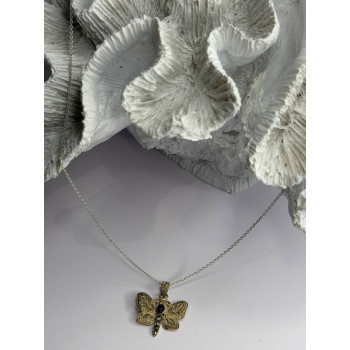 925 Sterling Silver Onyx & Marcasite Butterfly Necklace