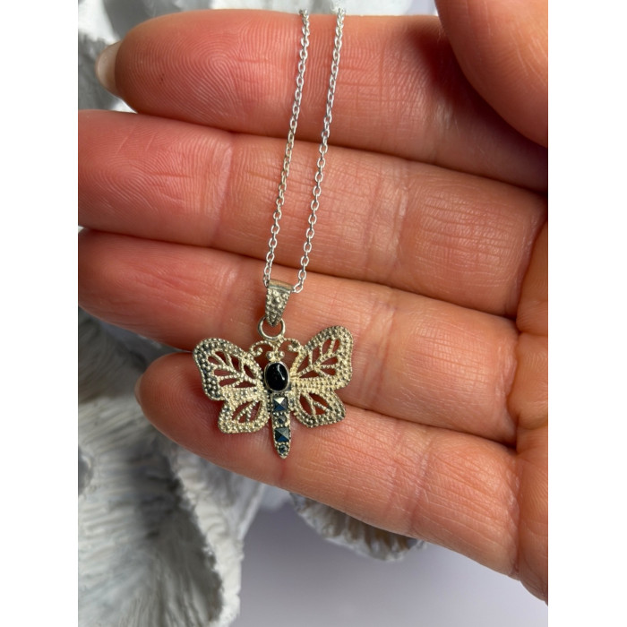 925 Sterling Silver Onyx & Marcasite Butterfly Necklace