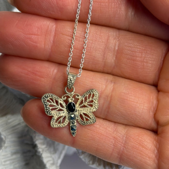 925 Sterling Silver Onyx & Marcasite Butterfly Necklace