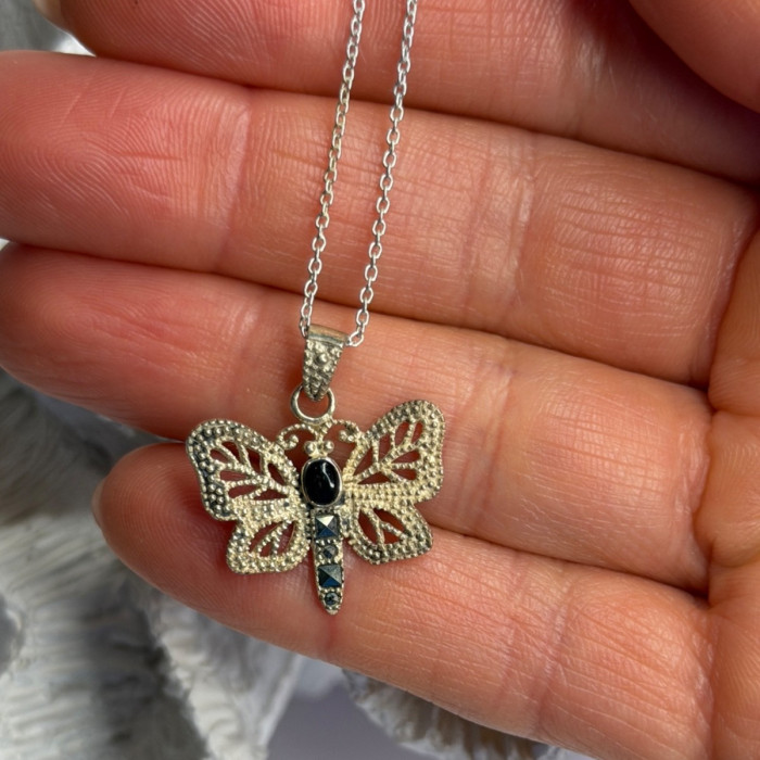 925 Sterling Silver Onyx & Marcasite Butterfly Necklace