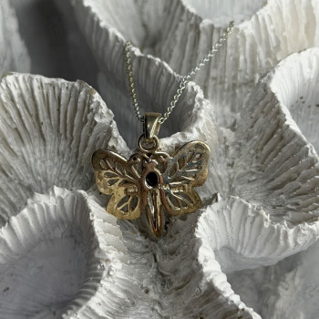 925 Sterling Silver Onyx & Marcasite Butterfly Necklace