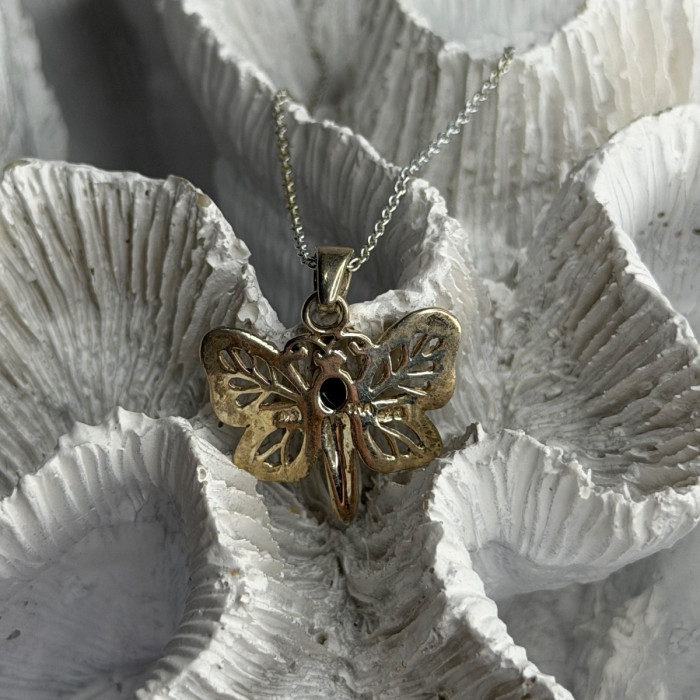 925 Sterling Silver Onyx & Marcasite Butterfly Necklace