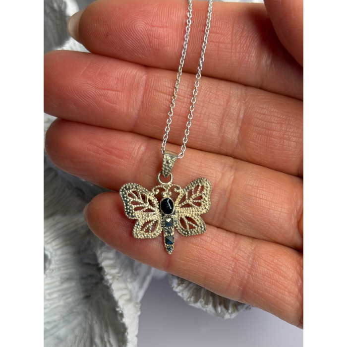925 Sterling Silver Onyx & Marcasite Butterfly Necklace