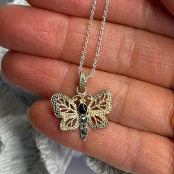 925 Sterling Silver Onyx & Marcasite Butterfly Necklace