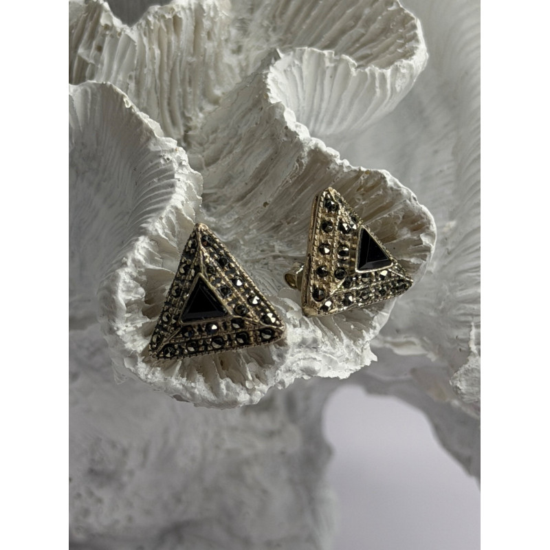 Vintage 925 Sterling Silver Onyx & Marcasite Earrings