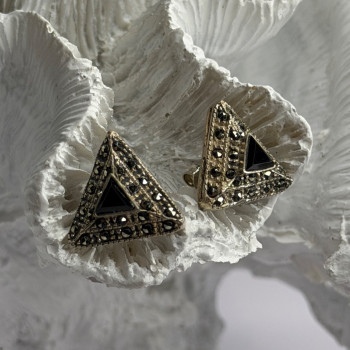 Vintage 925 Sterling Silver Onyx & Marcasite Earrings