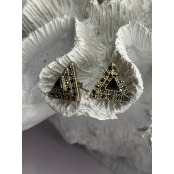 Vintage 925 Sterling Silver Onyx & Marcasite Earrings