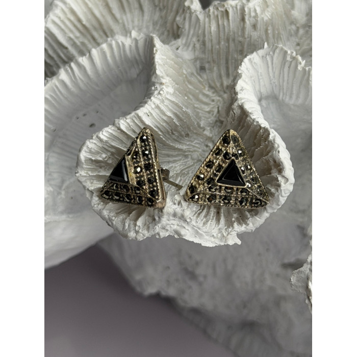 Vintage 925 Sterling Silver Onyx & Marcasite Earrings