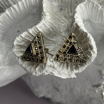 Vintage 925 Sterling Silver Onyx & Marcasite Earrings
