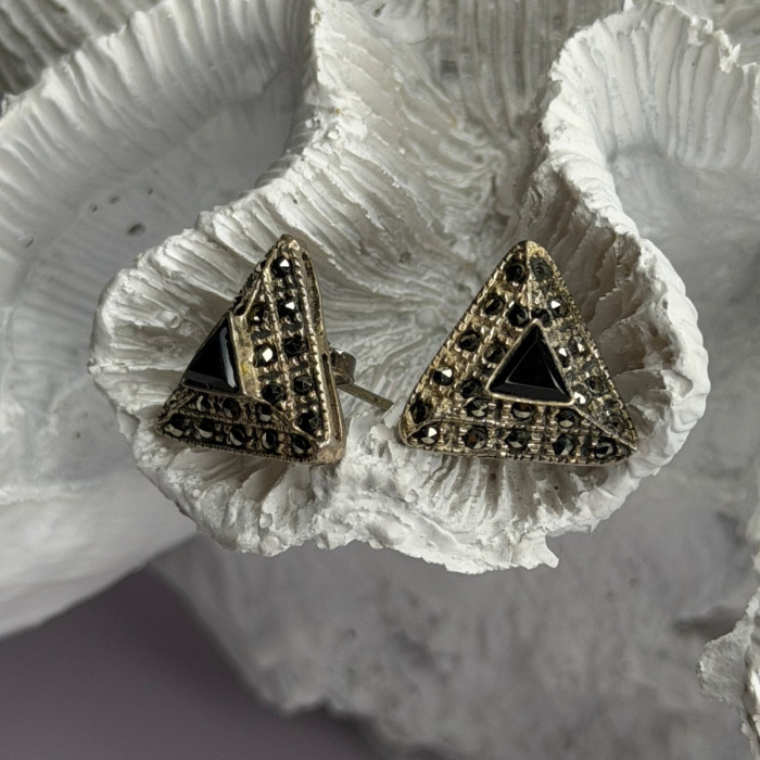 Vintage 925 Sterling Silver Onyx & Marcasite Earrings