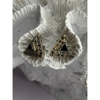 Vintage 925 Sterling Silver Onyx & Marcasite Earrings