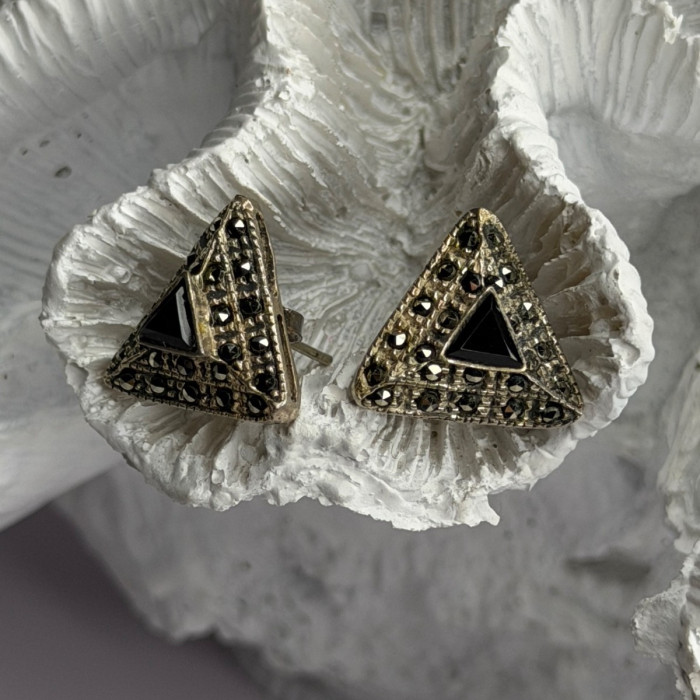 Vintage 925 Sterling Silver Onyx & Marcasite Earrings