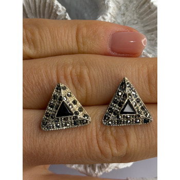 Vintage 925 Sterling Silver Onyx & Marcasite Earrings